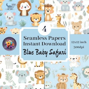 Blau Baby Safari druckbare Hintergrund Scrapbook Papiere, 12 x 12 nahtlose Muster-Set von 4 Instant Download Baby Safari Tiere Kinderzimmer Design