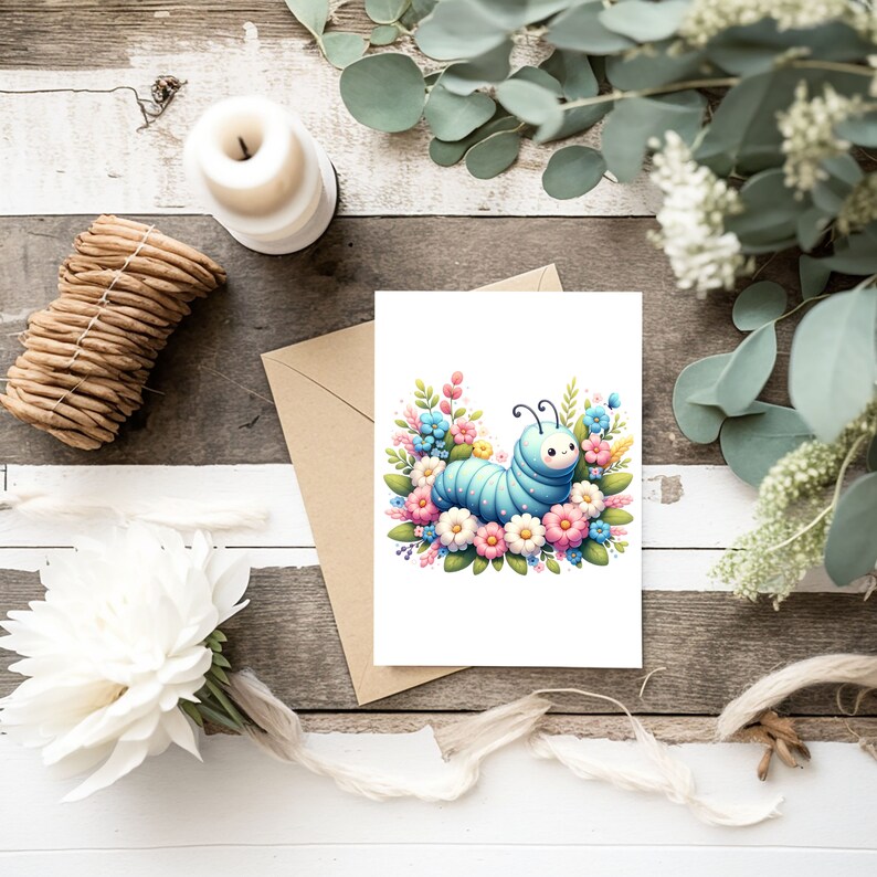 May include: A blue and pink cartoon caterpillar with a smiling face surrounded by colorful flowers. The caterpillar is sitting on a bed of flowers with green leaves.