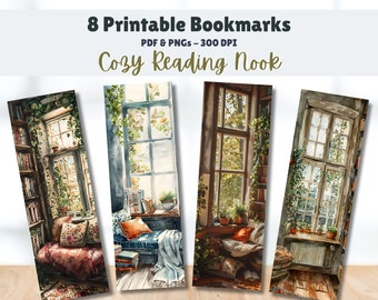 Printable Bookmarks Set of 8 Digital Download 11x8.5 PDF and Separate PNGs Great For Sublimations Book Lover Gift Cozy Reading Nook