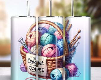 May include: A set of three stainless steel insulated tumblers with a design featuring a basket overflowing with colorful yarn balls, knitting needles, and the text "Crochet and Coffee, My Perfect Blend."