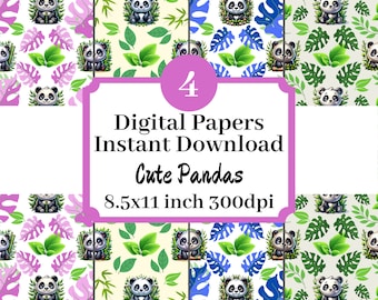 Cute Pandas 8.5x11 Repeat Pattern Digital Paper Printable Background Scrapbook Illustrations Set Of 4 Instant Download Stationary Print