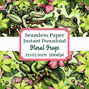 Floral Frogs 12x12 Seamless Pattern Printable Background Scrapbook Papers Instant Download Cute Fun Frog Toad Flowers Spring Summer Design
