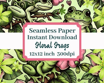 Floral Frogs 12x12 Seamless Pattern Printable Background Scrapbook Papers Instant Download Cute Fun Frog Toad Flowers Spring Summer Design