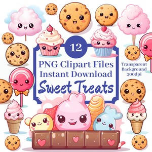 Conjunto de clipart de guloseimas doces com 12 arquivos de clipart Kawaii Doce Algodão Doce, Pirulito, Cupcake, Casquinha de Sorvete, Biscoitos PNG Chá de Bebê Dia dos Namorados