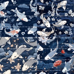 Koi Fish Digital Paper Blue & Silver Theme Printable Background ...