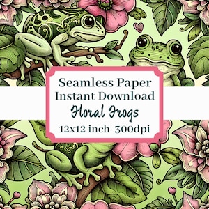 Floral Frösche 12 x 12 nahtlose Muster druckbare Hintergrund Scrapbook Papiere Sofortiger Download niedlichen Spaß Frosch Kröte Blumen Frühling Sommer Design
