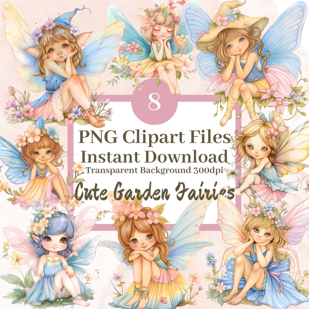 Cute Garden Fairy Clipart Bundle Set of 8 PNG Transparent Background ...