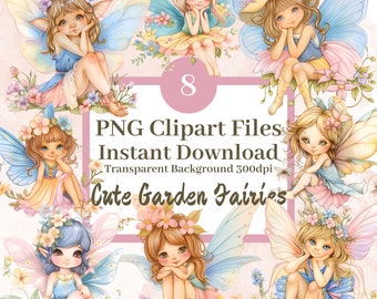 Niedliche Gartenfee Clipart Bundle-Set mit 8 PNG transparenten Hintergrund Dateien Fantasy Floral Pastell Blumen Grafiken Scrapbook Bilder