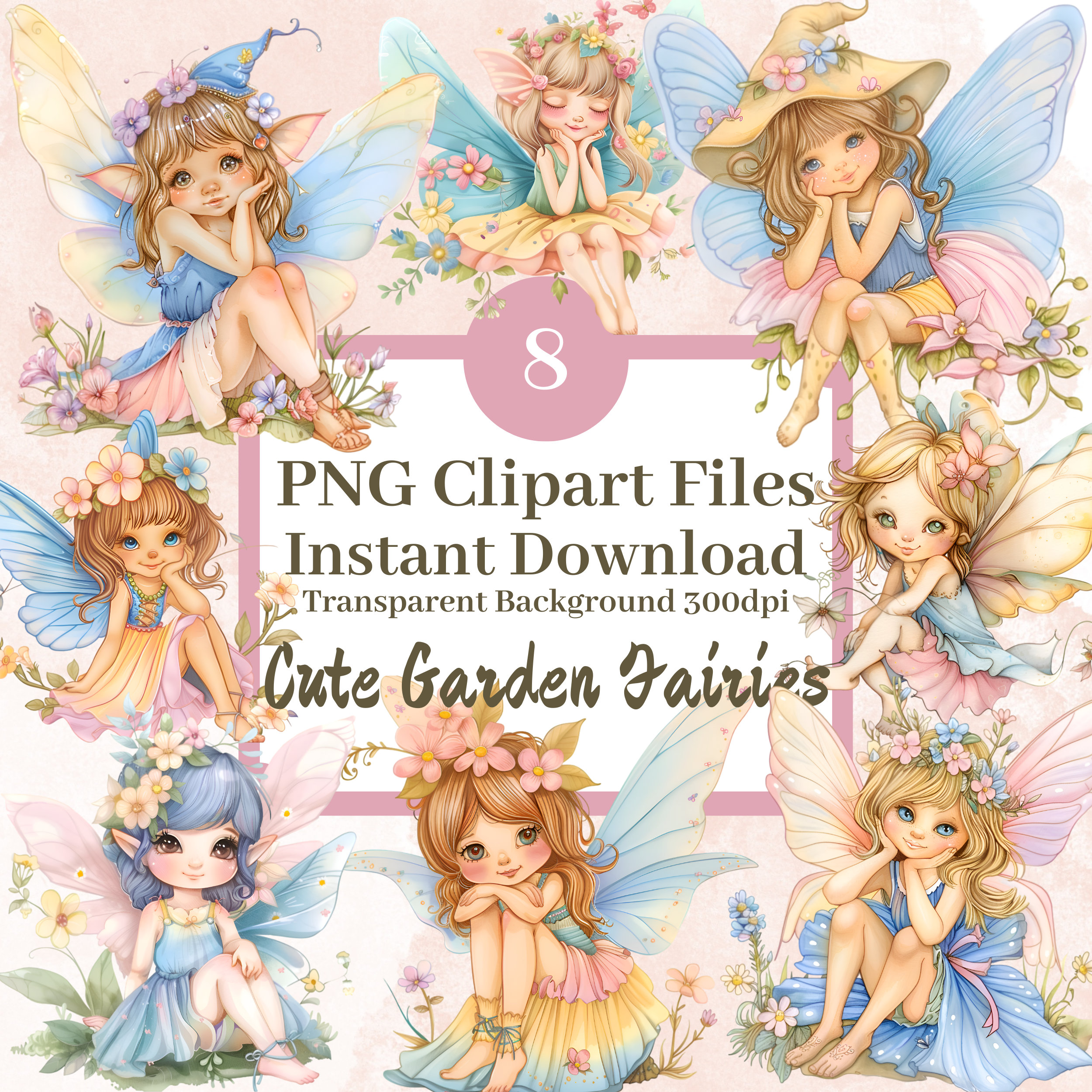Cute Garden Fairy Clipart Bundle Set of 8 PNG Transparent Background ...