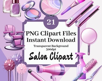Zestaw 21 Clipartów Clipart PNG Grafiki Salonowe Natychmiastowe Pobieranie Lokówka Szczotka Grzebień Nożyczki Clipart Zestaw Fryzjera