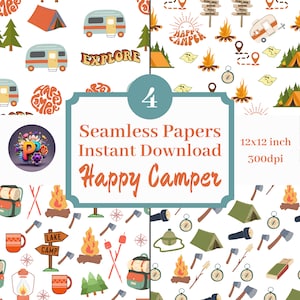 Puede incluir: Cuatro diseños de papel digital con temas de camping y actividades al aire libre. Los diseños incluyen una autocaravana, una fogata, una tienda de campaña, una brújula, una linterna, un hacha, una taza, una linterna, una mochila y un letrero que dice "Lake Camp". Los papeles son de 12x12 pulgadas y 300dpi.