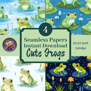 May include: Four seamless digital paper patterns featuring cute cartoon frogs in various poses. The patterns include frogs on lily pads, frogs in grass, and frogs on a dark blue background with flowers. Each pattern is 12x12 inches and 300dpi.