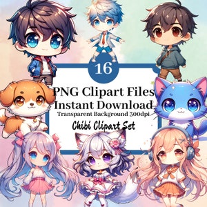 Chibi Clipart Bundle Set of 8 Adorable Anime Clipart PNG Files Digital Scrapbook Sticker Images Girl Boy Cat Dog Manga Cartoon Artwork