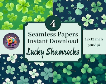 Lucky Shamrocks Printable Background Scrapbook Papers, 12x12 Seamless Pattern Set Of 4 Instant Download, Great for St Patrick's Day Projects