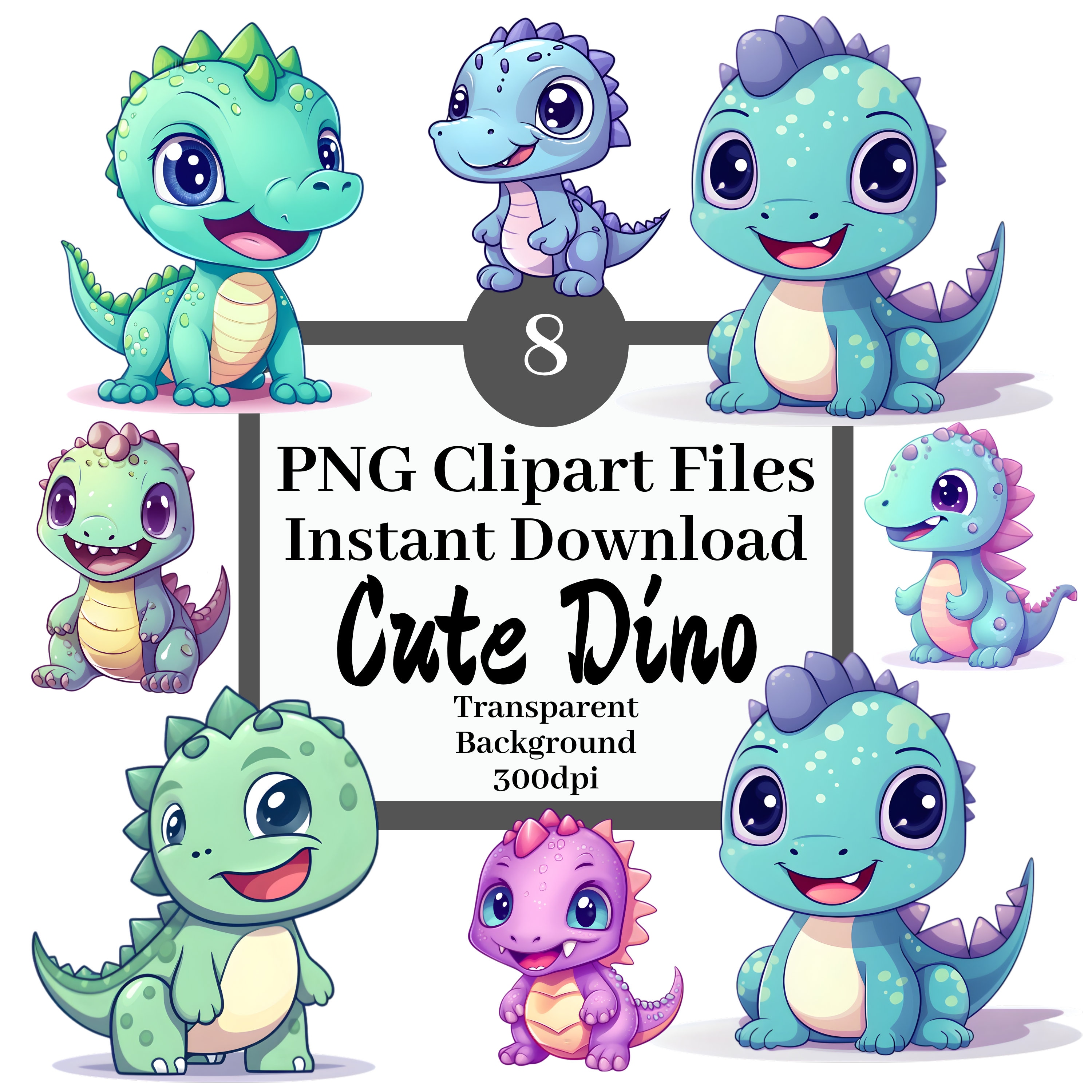 Cute Dino Clipart Bundle Set of 8 Clipart Files Dinosaur PNG Kawaii ...