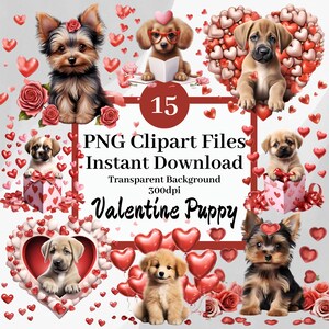 Valentine Puppy Clipart Set van 15 Instant Download PNG Clipart Transparante Achtergrond Puppies Schattige Hond Graphics, I Woof You, Valentijnsdag