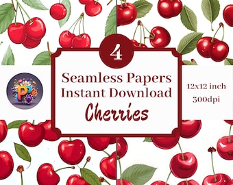 Cherries Printable Background Scrapbook Papers, 12x12 Seamless Pattern Set Of 4 Instant Download Sweet Juicy Fruit Vibrant Cherry Print