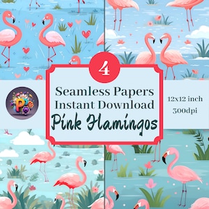 May include: Four digital paper designs featuring pink flamingos in a blue water setting with green plants and pink flowers. The papers are 12x12 inches and 300dpi.