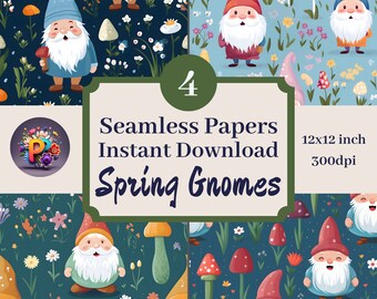 Spring Gnomes Printable Background Scrapbook Papers, 12x12 Seamless Pattern Set Of 4 Instant Download Garden Gnome Fantasy Fairy Garden
