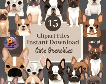 Zestaw 15 plików clipart z uroczymi buldogami francuskimi, clipart z buldogiem francuskim, buldog francuski, psy, clipart z psem, szczeniak, papier do scrapbookingu ze szczeniakami