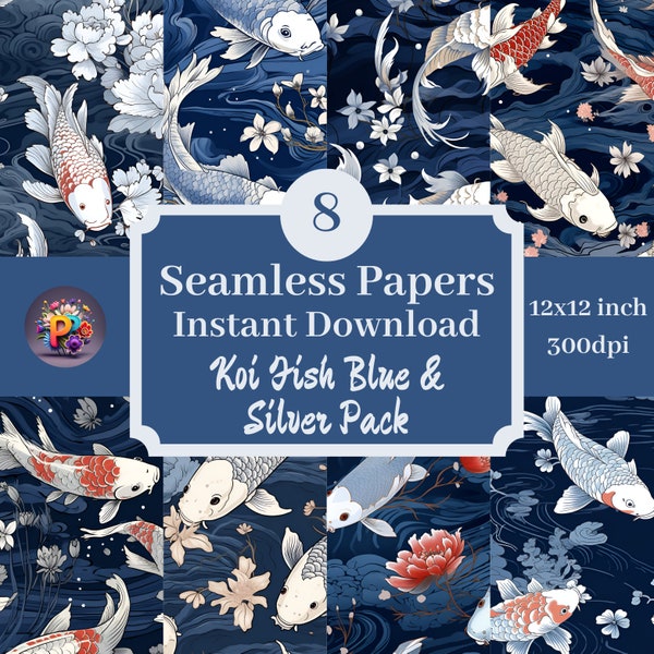 Koi Fish Digital Paper Blue & Silver Theme Printable Background Scrapbook Papers 12x12 Seamless Pattern Set Of 8 Instant Download, Japanese