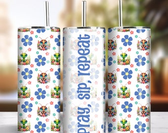 Pray Sip Repeat 20oz Skinny Tumbler Sublimation Seamless Design Instant Digital Download PNG 300dpi DIY Praying Mantis Lover Tumbler Wrap