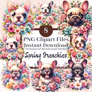 Conjunto de 8 arquivos de clipart de Bulldog Francês fofo, clipart de cachorros florais, clipart de cachorro, filhotes de cachorro, imagens de álbum de recortes