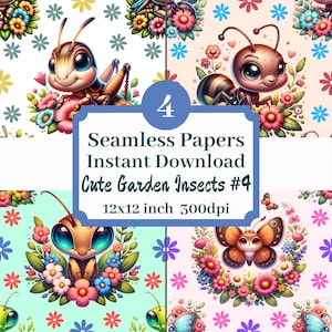 Op de afbeelding: Vier digitale papierontwerpen met schattige cartoon-insecten omringd door bloemen. De ontwerpen zijn naadloos en perfect voor knutselprojecten. Elk ontwerp is 12x12 inch en 300 dpi.