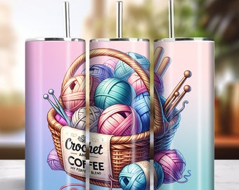 Crochet & Coffee 20oz Skinny Tumbler Sublimation Colorful Gradient Design Download PNG 300dpi DIY Wrap Funny Crocheting Saying Image 2