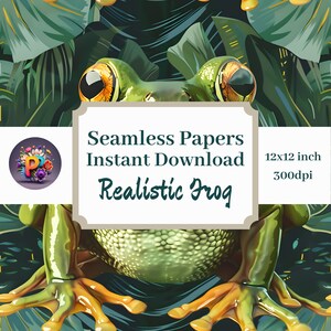 Puede incluir: Papel digital sin costuras con una rana verde realista con grandes ojos amarillos brillantes, sentada en un exuberante entorno de jungla verde. El texto "Seamless Papers Instant Download Realistic Frog" se muestra en una pancarta blanca con un borde marrón. La imagen es de 30,48 x 30,48 cm y 300 dpi.