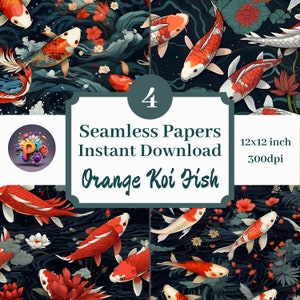 Puede incluir: Cuatro diseños de papel digital sin costuras con peces koi naranja nadando en un estanque azul oscuro con flores blancas y rojas. Los papeles son de 12x12 pulgadas y 300dpi.