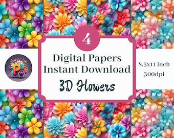 3D Rainbow Flowers Digital Paper, Printable Background Scrapbook Papers 8.5x11 Pattern Set Of 4 Instant Download Colorful Flowers Stationary