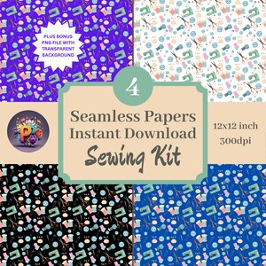 Sewing Kit Printable Background Scrapbook Papers, 12x12 Seamless Pattern Set Of 4 Instant Download Sewing Machine Needle and Thread Scissors