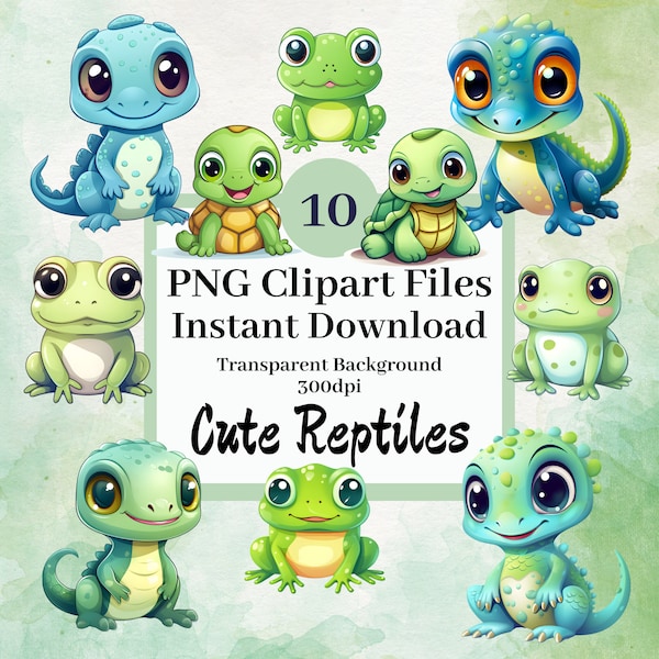 Lindo reptil clipart conjunto de 10 archivos PNG clipart Kawaii reptil gráficos, descarga instantánea, rana tortuga lagarto amante animal vivero cumpleaños