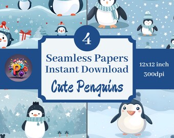Cute Penguins Digital Paper, Printable Background, Scrapbook Papers, 12x12 Seamless Pattern Set Of 4 Instant Download Penguin Seamless Paper