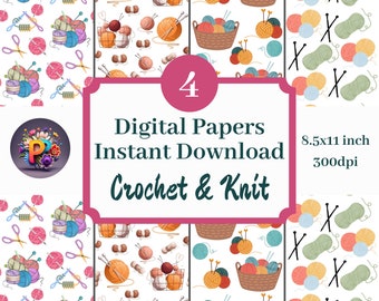 Digitales Häkel- und Strickpapier, druckbarer Hintergrund, Scrapbook-Papiere, 8,5 x 11 Muster, 4er-Set, sofortiger Download, handgefertigtes Häkelpapier