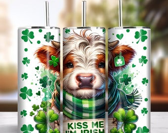 Kiss Me I'm Irish Highland Cow 20oz Skinny Tumbler Nahtloses Sublimationsdesign Sofortiger digitaler Download PNG 300dpi DIY Tumbler Wrap Design
