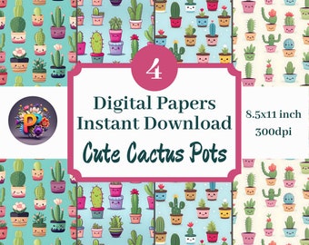 Niedliche Kaktustöpfe, digitales Papier, druckbare Hintergrund-Scrapbook-Papiere, 8,5 x 11 Muster, 4er-Set, sofortiger Download, bunte Blumen, stationär