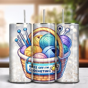 Funny Buzz Off Crocheting 20oz Skinny Tumbler Sublimation Sparkly Glitter Design Download PNG 300dpi DIY Wrap Silly Crochet Saying Plaque 8