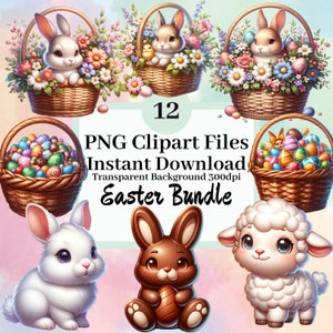 Ostern Bundle Clipart Set mit 12 Clipart PNG Dateien Kawaii Ostern, süßen Hasen und Küken, Osterkorb, druckbare Osterkunst, Frühlingsbilder