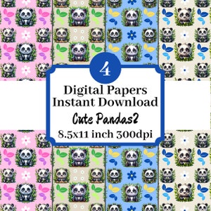 Schattige Panda's #2 8.5x11 Herhaalpatroon Digitaal Papier Afdrukbare Achtergrond Scrapbook Illustraties Set van 4 Instant Download Stationaire Print