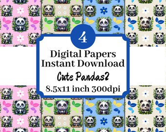 Niedliche Pandas #2 8,5 x 11 Rapport digitales Papier druckbare Hintergrund Scrapbook Illustrationen Set von 4 Instant Download stationärer Druck