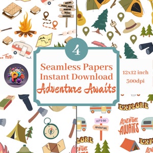 Avontuur wacht op afdrukbare achtergrond Scrapbookpapier 12 x 12 naadloos patroon Set van 4 Instant Download Camping Happy Camper digitaal decor