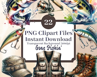 Gone Fishin' Clipart Bundle-Set mit 22 Clipart-Dateien Digital Scrapbook Sticker Transparenter Hintergrund Angeln im Freien Vatertag Bilder
