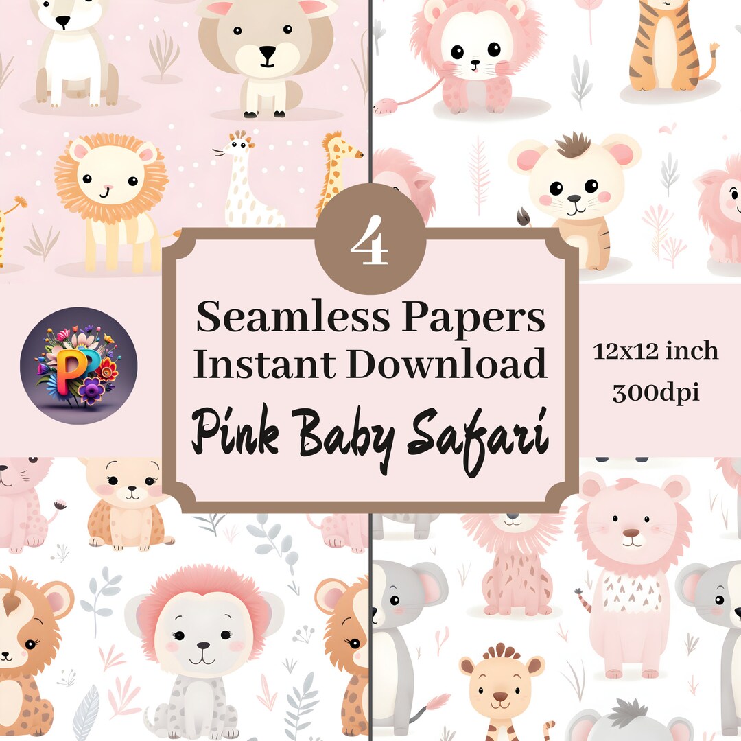 Pink Baby Safari Printable Background Scrapbook Papers, 12x12 Seamless Pattern Set of 4 Instant ...