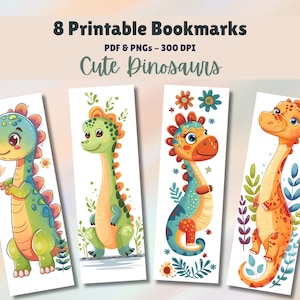Printable Bookmarks Set of 8 Digital Download 11x8.5 PDF and Separate PNGs Great For Sublimations Book Lover Gift Cute Dinosaurs