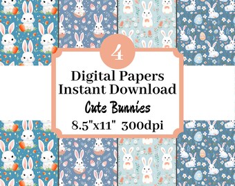 Cute Bunnies 8.5x11 Repeat Pattern Digital Paper Printable Background Scrapbook Illustrations Set Of 4 Instant Download Easter Stationary