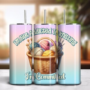 Addicted to Knitting 20 Unzen Skinny Tumbler Sublimation Bunte Farbverlauf Design Download PNG 300dpi DIY Wrap Lustig Strick Spruch Bild 1