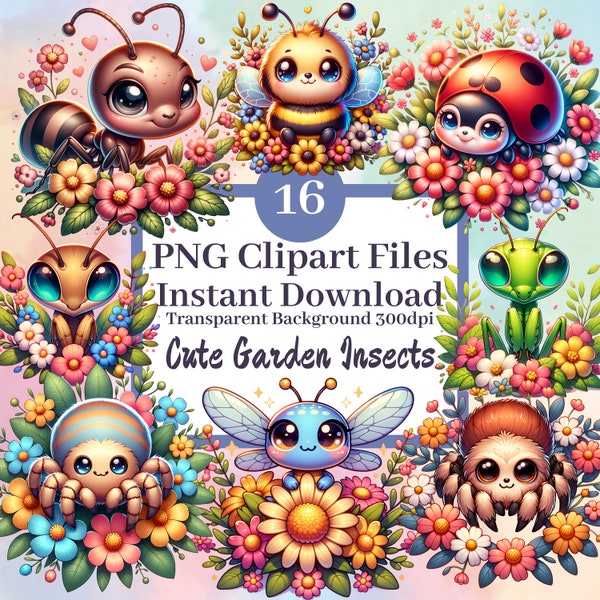 Cute Garden Insects Clipart Set of 16 Clipart PNG Files Kawaii Bug Graphics Instant Download Ladybug Spider Dragonfly Bumblebee Lovers