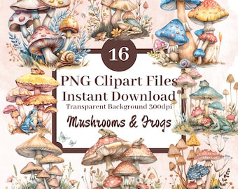 Mushrooms and Frogs Clipart Bundle Set of 16 PNG Transparent Background Files Springtime Frog Floral Pastel Flower Graphics Scrapbook Images